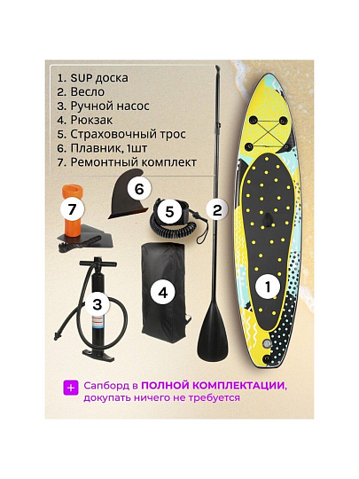 Сап борд надувной 330х81х15 см, одинарный ПВХ, рюкзак, насос, весло и лиш, ремкомплект, 200 кг, SUP006