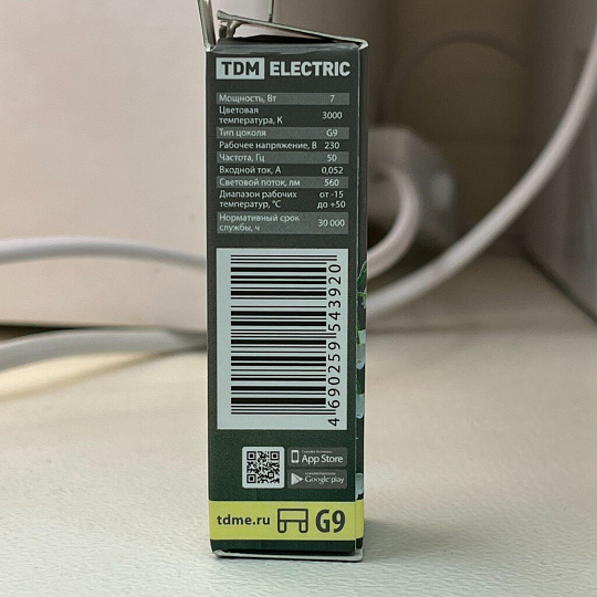 Лампа светодиодная G9, 7 Вт, 60 Вт, 230 В, капсула, 3000 К, теплый белый свет, TDM Electric, SQ0340-0225