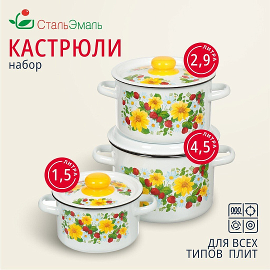 Набор посуды эмалированная сталь, 3 предмета, кастрюли 1.5,2.9,4.5 л, индукция, СтальЭмаль, Земляника, 1с144