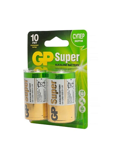 Батарейка GP, D (LR20), Alkaline Super, щелочная, блистер, 2 шт, 02655