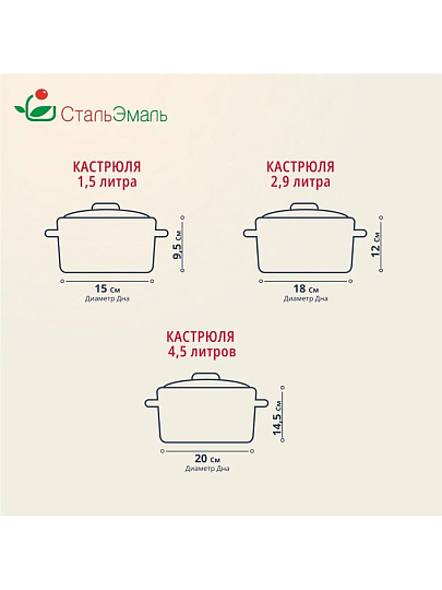 Набор посуды эмалированная сталь, 3 предмета, кастрюли 1.5,2.9,4.5 л, индукция, СтальЭмаль, Земляника, 1с144