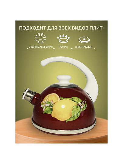 Чайник сталь, эмалированное покрытие, 2.5 л, со свистком, ручка консольная, Рубин, Лимоны, бордовый, T04/25/01/35/H03
