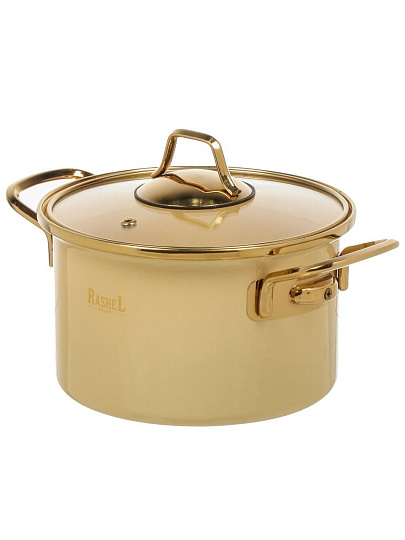 Кастрюля эмалированная сталь, 3 л, крышка стекло, ручки золото, RasheL, Gold, R-07718, кремовая, индукция