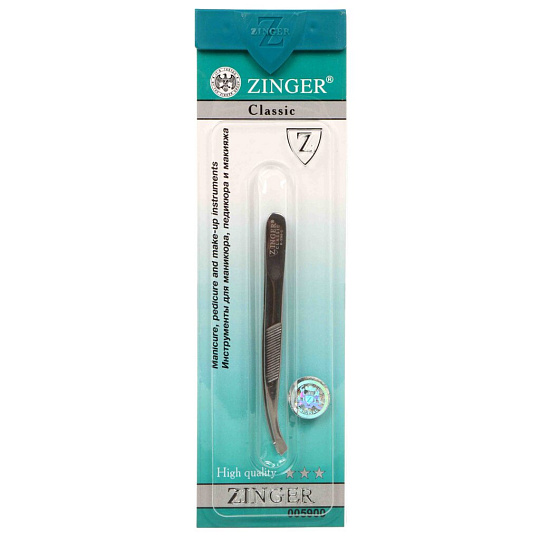 Пинцет косметический скошенный, изогнутый, серебряный, Zinger, zo-B-5561-S