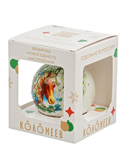 Елочный шар Лошадка снежная, 8 см, стекло, КУ-80-254011