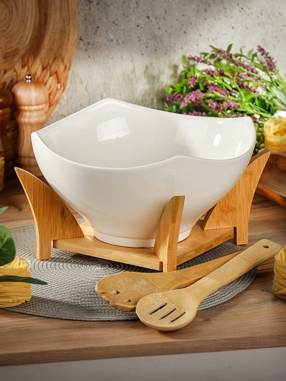 Салатник керамика, квадратный, 26х13 см, 2.85 л, 4 предмета, на бамбуковой подставке, Y4-6283