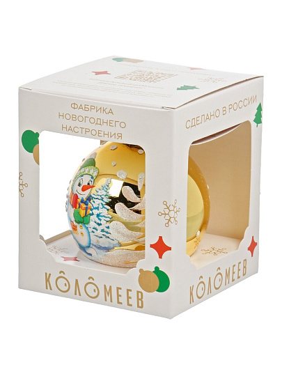 Елочный шар Снеговик с подарком, 8 см, стекло, КУ-80-244003