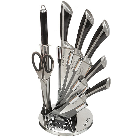 Набор ножей 8 предметов, 20 см, 20 см, 20 см, 12 см, 9 см, ножницы, муссат, нержавеющая сталь, рукоятка пластик, с подставкой, Daniks, Веер, YW-A235-1
