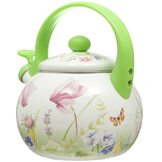 Чайник сталь, эмалированное покрытие, 2 л, со свистком, Appetite, Примавера, индукция, белый, зеленый, FT7-PR