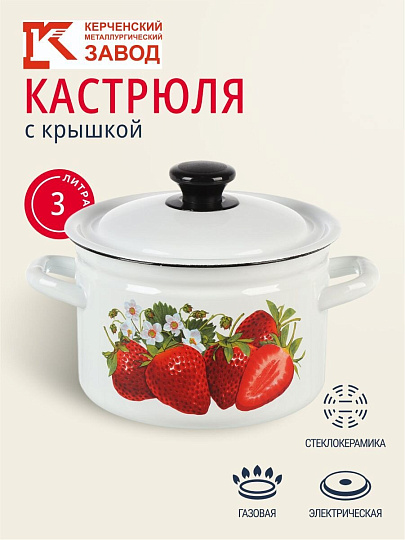 Кастрюля эмалированная сталь, 3 л, крышка сталь, цилиндрическая, Керченский металлургический завод, Клубника садовая, 41704-122/6-У4