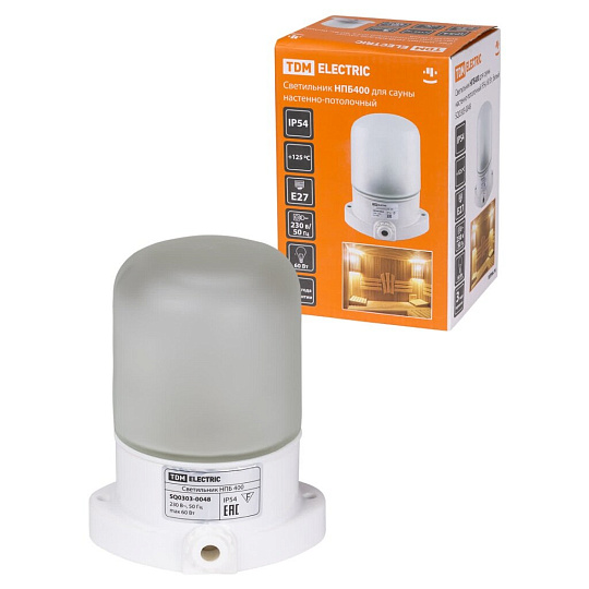 Светильник TDM Electric, НПБ400, 60 Вт, E27, на 1 лампочку, IP54, 11х11х13.5 см, для сауны и бани, 125 градусов, белый, SQ0303-0048