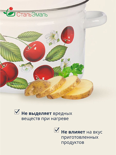 Кастрюля эмалированная сталь, 7 л, крышка сталь, цилиндрическая, СтальЭмаль, Вишня ягоды, 1с18с, индукция