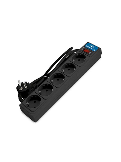 Сетевой фильтр 5 гнезд, 1.8 м, ПВС, 3х1 мм², с заземлением, 10 А, выключатель с индикацией, черный, Domtok, 2537