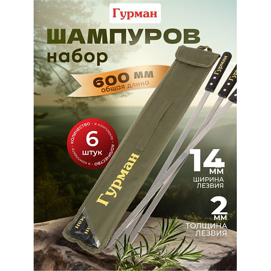 Шампур лезвие плоское, 6 шт, 600х14х2 мм, нержавеющая сталь, рукоятка дерево, Гурман, Люкс, в чехле, 23004-newblk