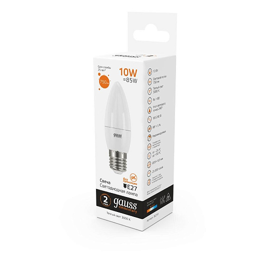 Лампа светодиодная E27, 10 Вт, 75 Вт, свеча, 3000 К, теплый белый свет, Gauss, Elementary, 30210