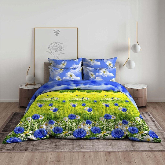 Постельное белье 2-спальное, простыня 200х216 см, 2 наволочки 70х70 см, пододеяльник 175х215 см, Василиса, бязь, Васильковое поле 4268/1