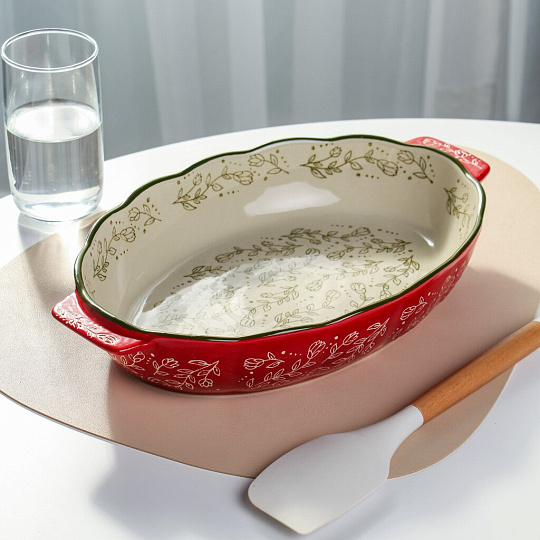 Форма для запекания керамика, 22х35 см, овальная, Красные веточки, Y4-9764