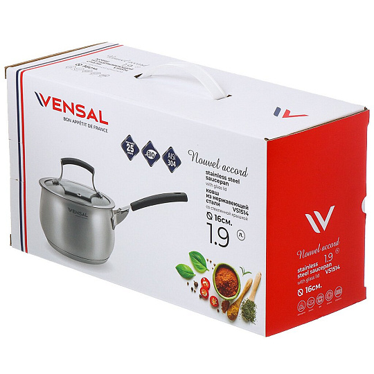 Ковш нержавеющая сталь, 1.9 л, крышка стекло, ручка нержавеющая сталь, индукция, Vensal, Nouve Accord, VS1514