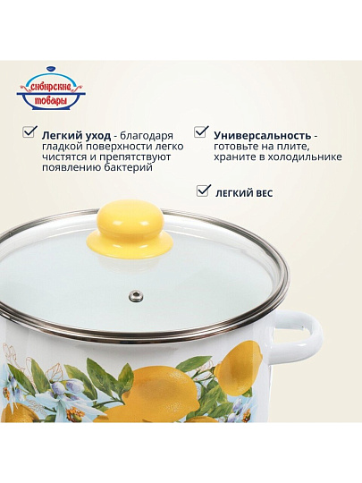 Кастрюля эмалированная сталь, 4 л, крышка стекло, цилиндрическая, Сибирские товары, Лимоны, 1MD201S, индукция