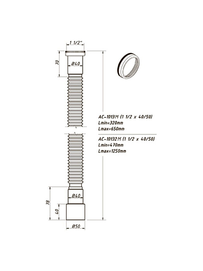 Гофра для сифона 650 мм, 1" 1/2х40/50, полипропилен, с гайкой, Orio, АС-10132М