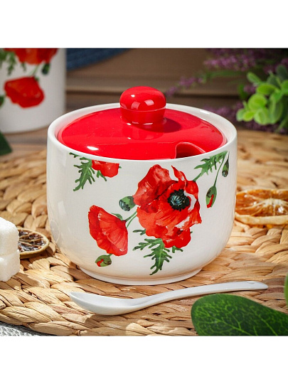 Сахарница 500 мл, доломит, с ложкой, Daniks, Алый мак