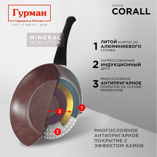 Сковорода литой алюминий, 20 см, антипригарное покрытие, Гурман, Coral, индукция, ГМ2001КР