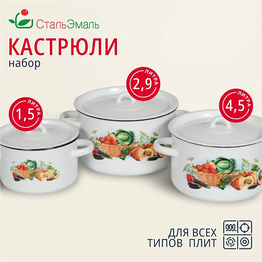 Набор посуды эмалированная сталь, 3 предмета, кастрюли 1.5,2.9,4.5 л, индукция, СтальЭмаль, Урожай, 1с33