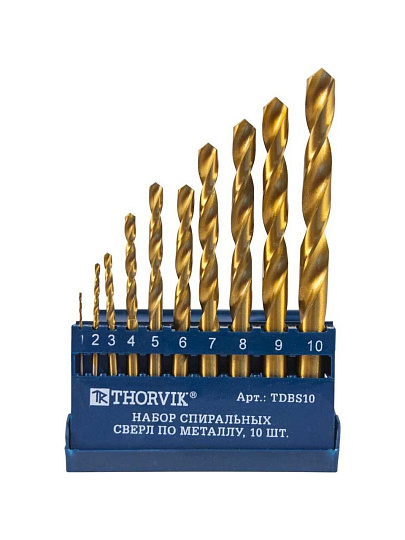 Набор сверл по металлу, 10 шт, Thorvik, TDBS10, 1-10 мм, HSS TiN, 52479