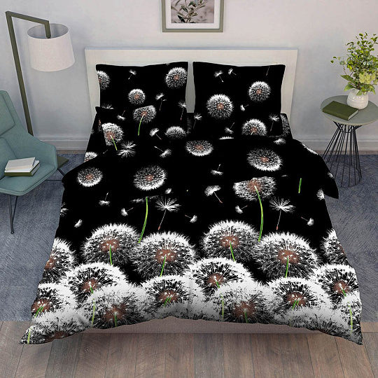 Постельное белье 1.5-спальное, простыня 150х214 см, 2 наволочки 70х70 см, пододеяльник 145х215 см, Василиса, бязь, Белые одуванчики/097857/3412/1