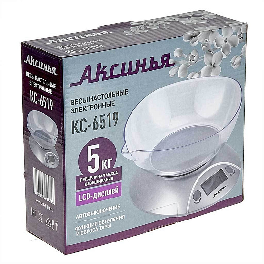 Весы кухонные электронные, пластик, Аксинья, чаша, точность 1 г, до 5 кг, LCD-дисплей, серебристые, КС-6519