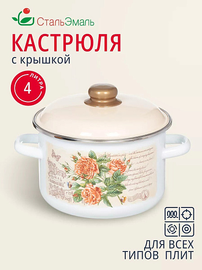 Кастрюля эмалированная сталь, 4 л, крышка сталь, цилиндрическая, СтальЭмаль, Мэри белоснежная, 6RD201M, индукция