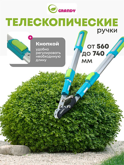 Сучкорез для веток, 740 мм, с наковальней, Grandy, телескопическая штанга, рукоятка алюминий, 402518
