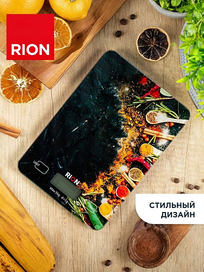 Весы кухонные электронные, стекло, Rion, Специи, точность 1 г, до 5 кг, LCD-дисплей, PT-893