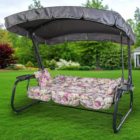 Качели садовые 3-местные, 236.5х138х181.5 см, 280 кг, Olsa, Турин, раскладываются в кровать, с москитной сеткой, цветы, подушка, С913, металл