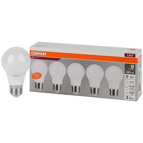 Лампа светодиодная LED Value LVCLA60 7SW/840 230В E27 2х5 RU (уп.5шт) OSRAM 4058075577657
