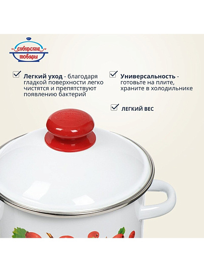 Кастрюля эмалированная сталь, 2 л, крышка сталь, цилиндрическая, Сибирские товары, Калина красная, 1MD161M, индукция