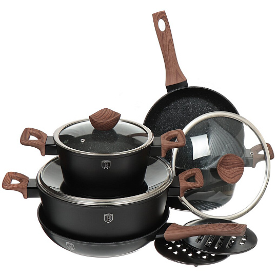 Набор посуды из алюминия Berlinger Haus Forest Line 1534-ВН (кастрюли с крышками, сковорода, сотейник, подставка), 5 предметов