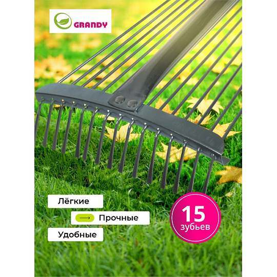 Грабли веерные, 15 зуб, металл, Grandy, Grandy, 15.5-52х120-155 см, раздвижной, черенок металлический, 402505
