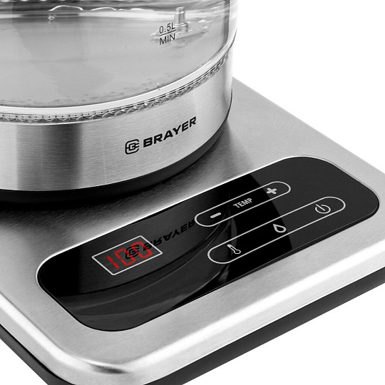 Чайник электрический BRAYER, 1003BR, 1.7 л, 2200 Вт, скрытый нагревательный элемент, стекло