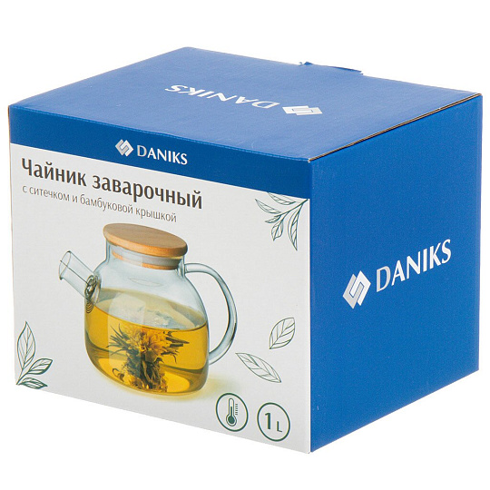 Чайник заварочный стекло, 1 л, с ситечком, с бамбуковой крышкой, Daniks, SXH08
