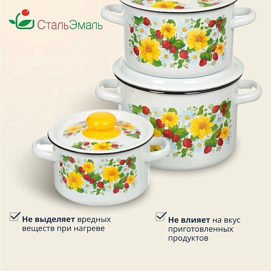 Набор посуды эмалированная сталь, 3 предмета, кастрюли 1.5,2.9,4.5 л, индукция, СтальЭмаль, Земляника, 1с144