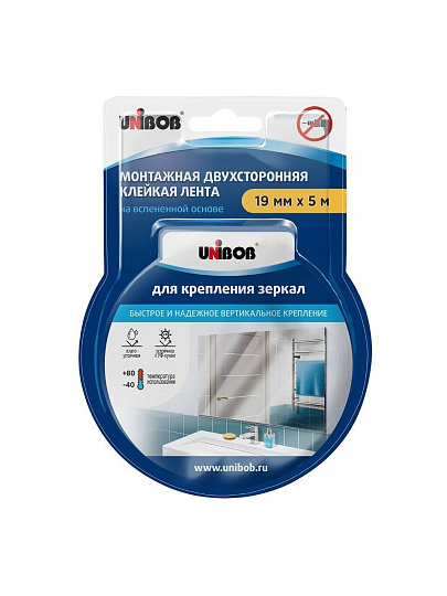 Клейкая лента 19 мм, двухсторонняя, основа вспененная, 5 м, Unibob, для крепления зеркал, 54928