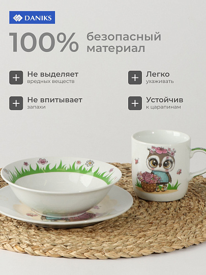 Набор посуды керамика, 3 шт, Цветочная сова, тарелка 18см, салатник 15см/350мл, кружка 230мл, Daniks, C640
