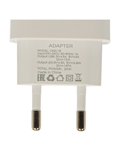 Сетевое зарядное устройство Red Line, NQC-13, 3 А, USB + Type-C, PD 20 Вт, белое, УТ000036039