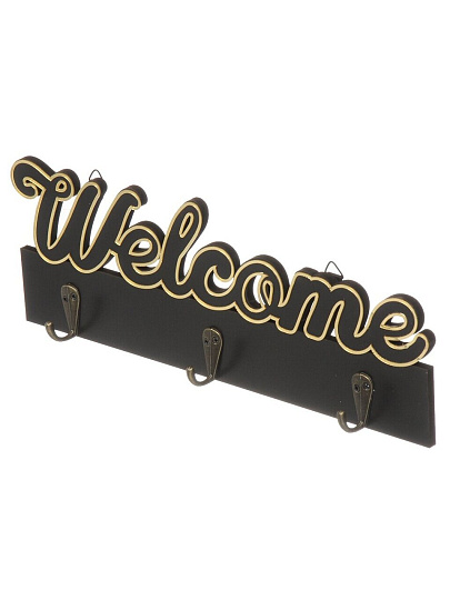 Ключница Welcome, 29.5х10.5 см, МДФ, 3 крючка, на декоративном панно, A200144, черная