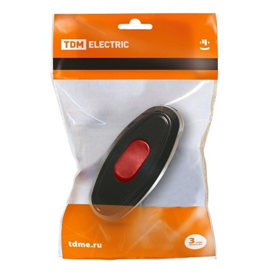 Выключатель на шнур одноклавишный, 6 А, с красной кнопкой, 250 В, черный, TDM Electric, SQ1806-0222