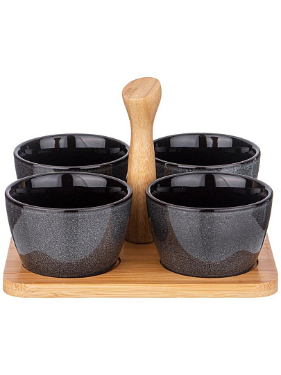 Соусник фарфор, Lefard, Graphite, 175 мл, 19х6.5 см, с ручкой, 4 шт, деревянная подставка, 474-240