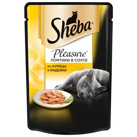 Корм для животных Sheba, 85 г, для кошек, кусочки в соусе, курица и индейка, 6980
