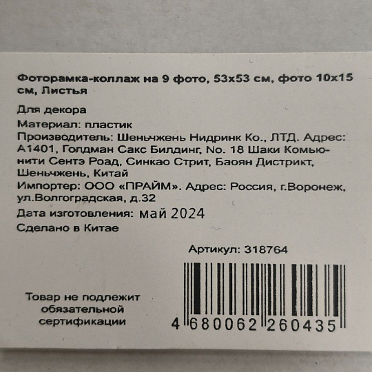 Фоторамка-коллаж на 9 фото, 53х53 см, фото 10х15 см, пластик, Листья, Y3-1584