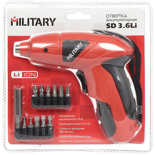 Отвертка аккумуляторная, Military, SD 3.6Li, 3.6 В, 1.3 А.ч, Li-ion, 180 об/мин, набор бит, 400 862